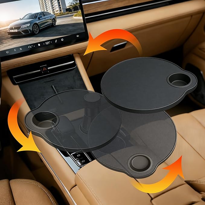 Car Tray & Desk for Laptop, Dual 360° Rotating, Anti-Slip Leather Surface, Steering Wheel Tray, Car Accessories- Compatible with Tesla Model Y/3/S, Ford F150/Explorer/Most Vehicles