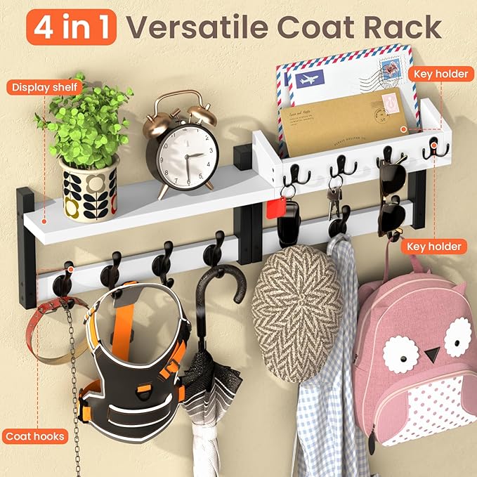 29'' White Coat Rack Wall Mount with Shelf, Solid Wood Coat and Key Hanger with 11 Metal Hooks, Farmhouse Wall Organizer for 