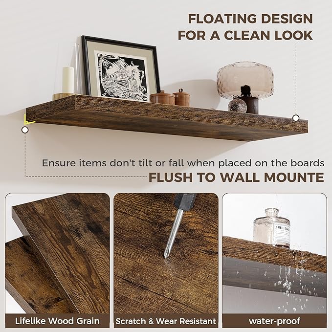 Fun Memories Small Floating Shelves for Wall - 8 Inch Square Wall Shelves with Invisible Brackets, Rustic Brown Shelves for B