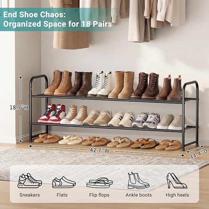 AOODA Long 2 Tier Shoe Rack for Closet Metal Wide Stackable Shoe Storage Organizer for Entryway, Bedroom, Floor, 18-Pairs Low