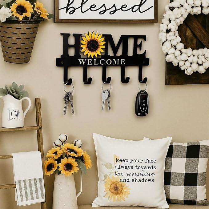 Key Holder Wall Mount Sunflower Metal Key Hooks Organizer Hanger Coat Rack with 5 Hooks Rustic Farmhouse Decorative Welcome H