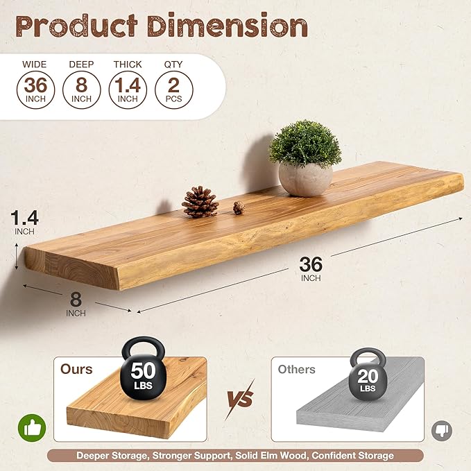 fuqing Live Edge Floating Shelves for Wall 36 inch, 8 Inch Deep Solid Elm Wood Floating Wall Shelves - Rustic Wooden Shelves 