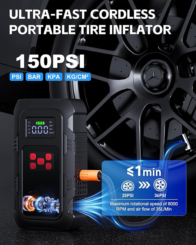 5000A Jump Starter with Air Compressor, Portable Car Battery Jump Starter with 150 PSI Tire Inflator for Up to 10.0L Gas
