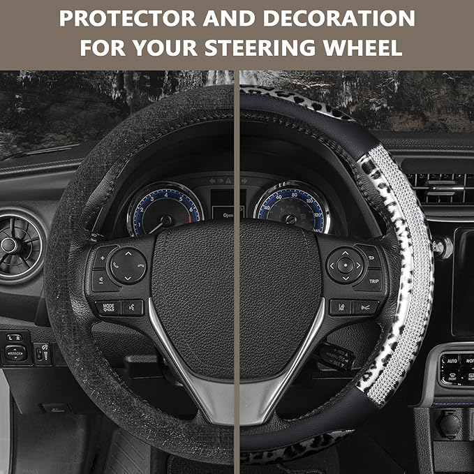 AUTOYOUTH Leopard Steering Wheel Cover - Bling Crystal Rhinestones Cheetah Print on Leather Non-Slip Breathable Design for Wo
