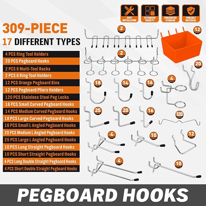 HORUSDY 309 PCS Pegboard Hooks Assortment Kit – 17 Types Heavy Duty Peg Board Hooks & Organizer Accessories – Fits 1/8 & 1/4 