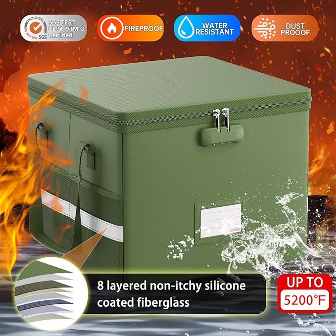 ENGPOW 5200°F File Box Fireproof Document Box with Lock,Heat Insulated Collapsible File Storage Organizer Box with Handle,Por