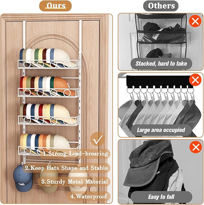 Over Door Hat Organizer 5 Tier Wall Mounted Hat Rack with 4 Adjustable Metal Basket and 3 Hooks Hat Organizer for Baseball ca