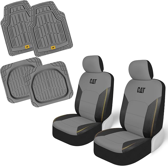 CAT PU Leather Seat Covers for Cars – (2) Front Seat Covers with (4) All-Weather Heavy-Duty Floor Mats for Trucks, Cars, & SU