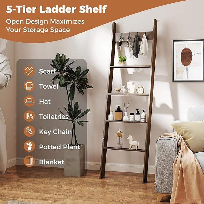 GOFLAME 5-Tier Blanket Ladder, 58.5” Bamboo Decorative Ladder Shelf with 4 Removable Hooks and 4 Deep Rungs, Wall Leaning Far