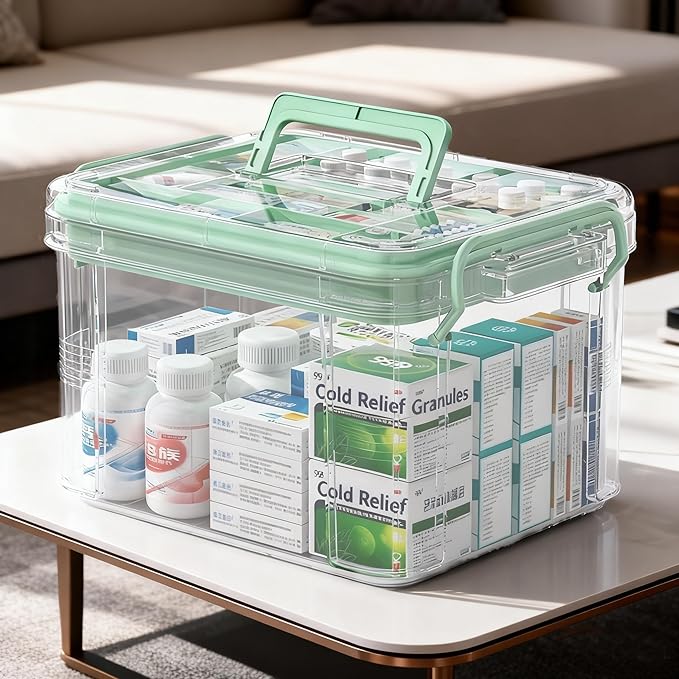 UFI Clear Medicine Storage Box with Lids, 2 Pack Portable First Aid Organizer with Handle, Stackable Storage Containers for F