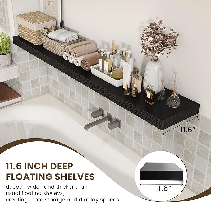 72 Inch Black Floating Shelf | 12 Inch Deep Floating Shelves Set of 1 | 72" D x 12" D Rustic Wood Shelves for Wall | Deep Bla