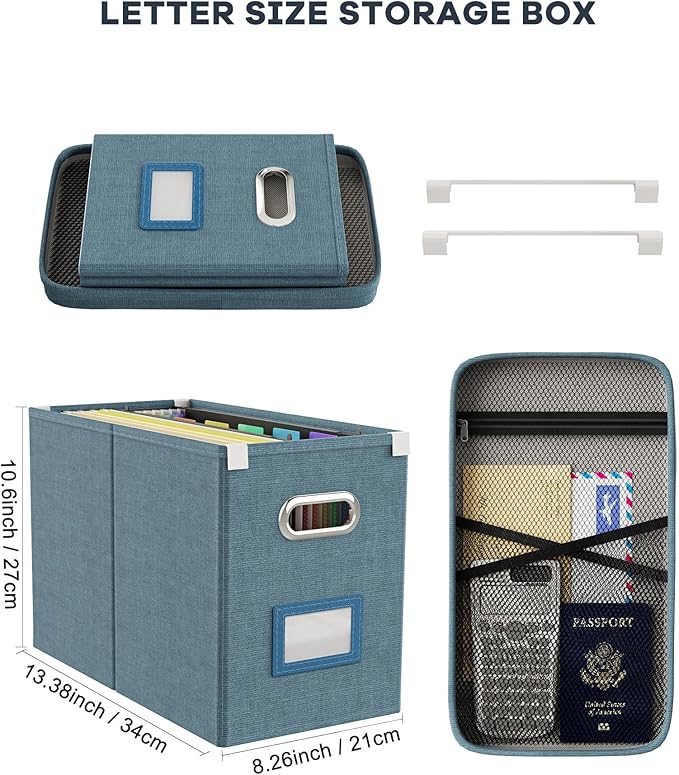 Oterri File Organizer with Lid, Hanging Filing Box with Mesh Pocket, Document Organizer for Letter Files, Portable Storage Bo