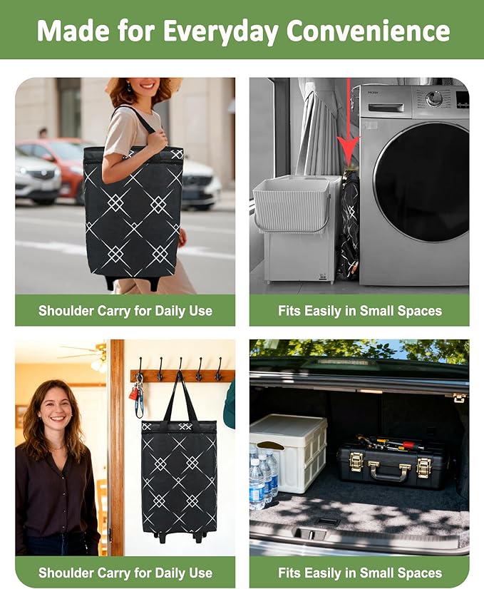 Foldable Rolling Bag, Portable Small Shopping Cart with Wheels, Collapsible Shopping Tote with Stylish Pattern for Market & Grocery Runs–Gift for Women & Seniors, Pro L, Black