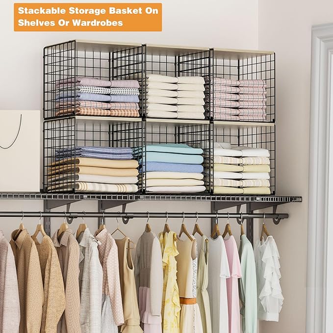 4-Tier Stackable Closet Organizers and Storage Basket, Shelves with Wood Top, Foldable Clothes Storage Bin/Cube Drawer Organi