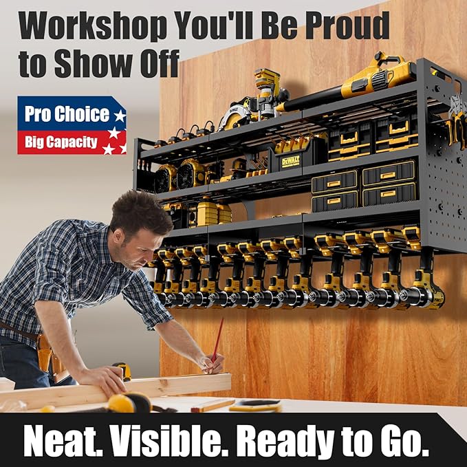 Power Tool Organizer Wall Mount | 8-Outlet TR Charging Station | Garage Storage Rack with Cordless Drill Holder | Heavy Duty 