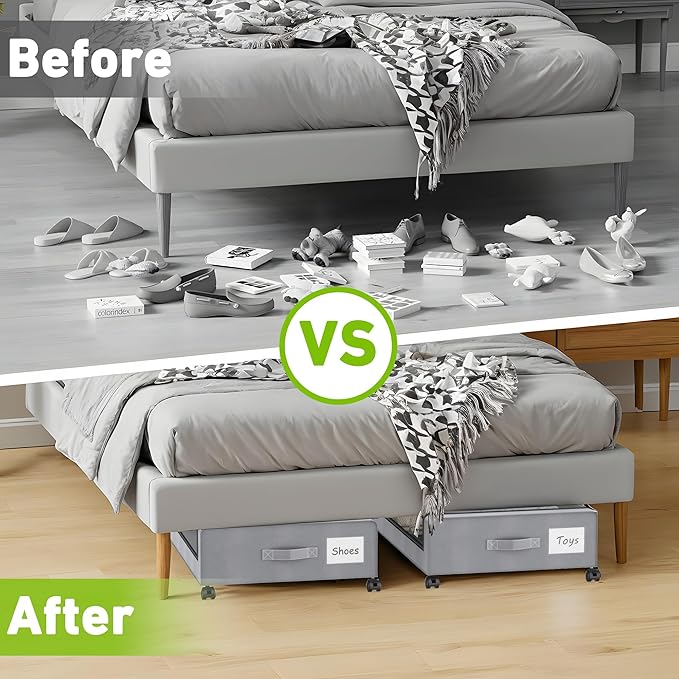 Under Bed Storage with Wheels, 4-Pack Under the Bed Storage Containers with Clear Lids & Label, Underbed Storage Bins, XXL 60