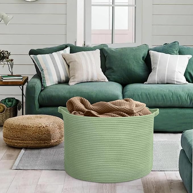 MEGASKET Extra Large Green Basket, 22" X 22" X 14" Woven Cotton Rope Baskets for Blankets, Nursery Laundry Basket, Cute Kids 
