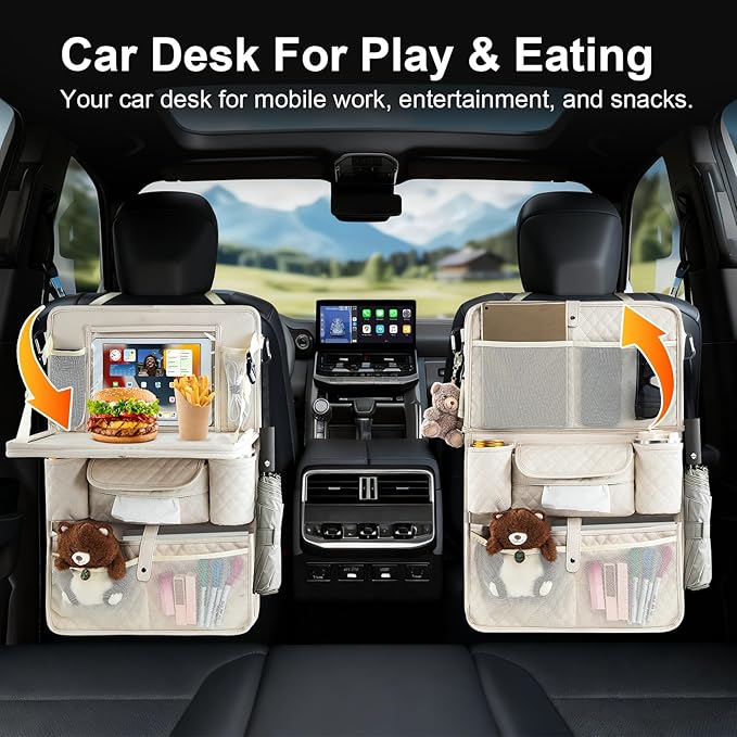 Car Backseat Organizers 2 Pack with Foldable Trays - PU Leather Back Seat Organizers with 11 Storage Pockets, Tablet Holders, Seat Back Protectors for Kids Family Travel Accessories (Beige)
