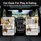 Car Backseat Organizers 2 Pack with Foldable Trays - PU Leather Back Seat Organizers with 11 Storage Pockets, Tablet Holders, Seat Back Protectors for Kids Family Travel Accessories (Beige)