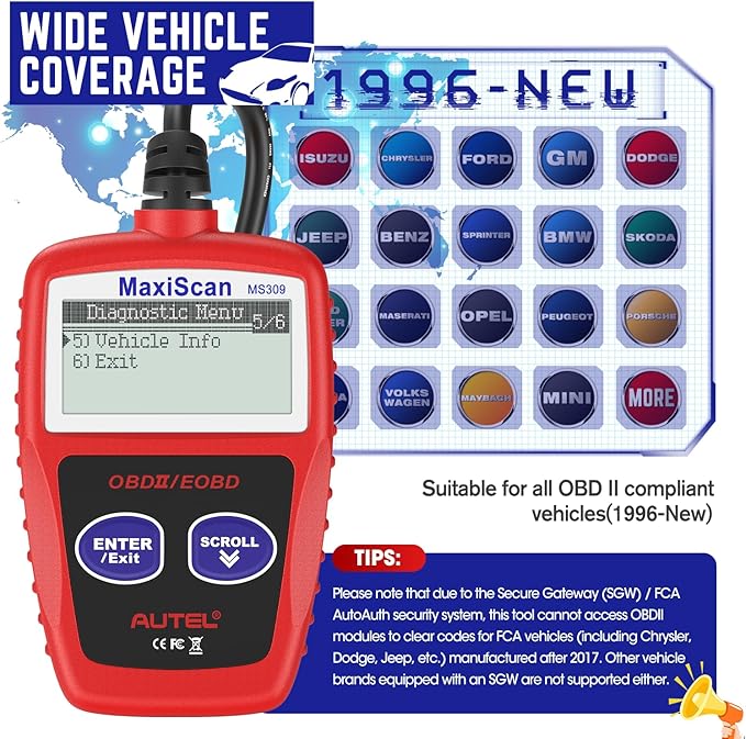 Autel OBD2 Scanner MS309 Universal Car Engine Fault Code Reader, Check Engine Light and Emission Monitor Status, OBDII CAN
