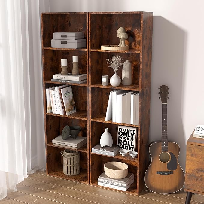 Wooden 5 Cube Storage Organizer, Vintage Brown 5 Tier Bookcase Bookshelf Freestanding Storage Display Organizer,Versatile Cub