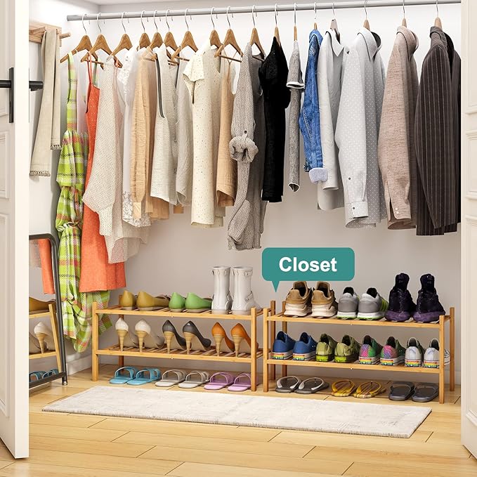viewcare 2-Tier Bamboo Shoe Rack for Entryway, Bamboo Wood Shoe Organizer for Hallway Closet, Free Standing Shoe Racks for In