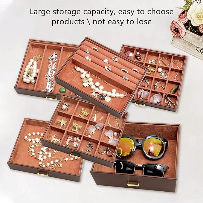 AKOZLIN Extra Large 6-Tier Jewelry Box Organizer with Mirror, 5 Drawers Leather Jewelry Storage Case for Women Girls Ring Nec