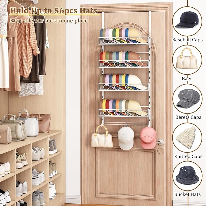 Over Door Hat Organizer 5 Tier Wall Mounted Hat Rack with 4 Adjustable Metal Basket and 3 Hooks Hat Organizer for Baseball ca