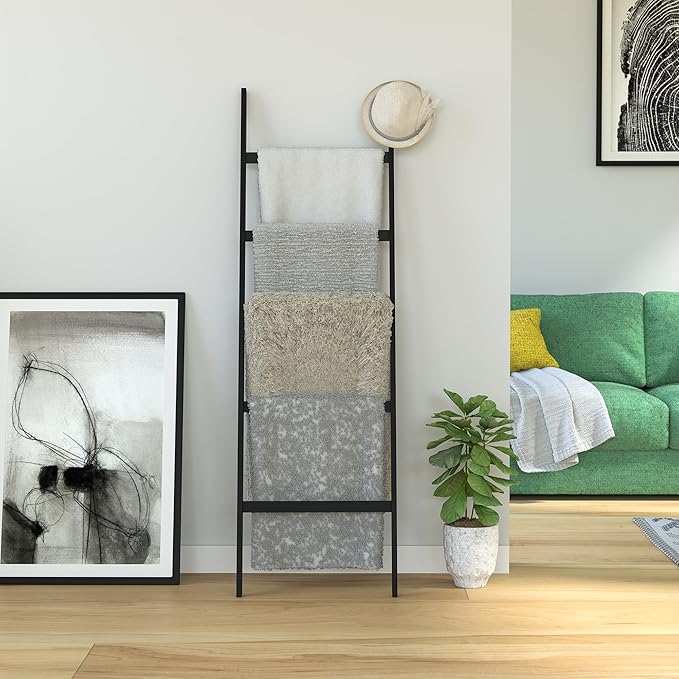 WTZ Bamboo Blanket Ladder, 5-Layer Towel Racks, Blanket Holder with Anti-Slip Construction Home Decor, Decorative Blanket, Qu
