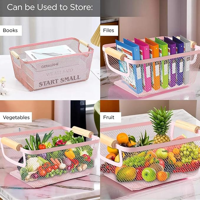 AJIODA Metal Mesh Steel Basket, Small Wire Storage Organizer Baskets Multi-function Hanging Kitchen Basket with Wood Handle f