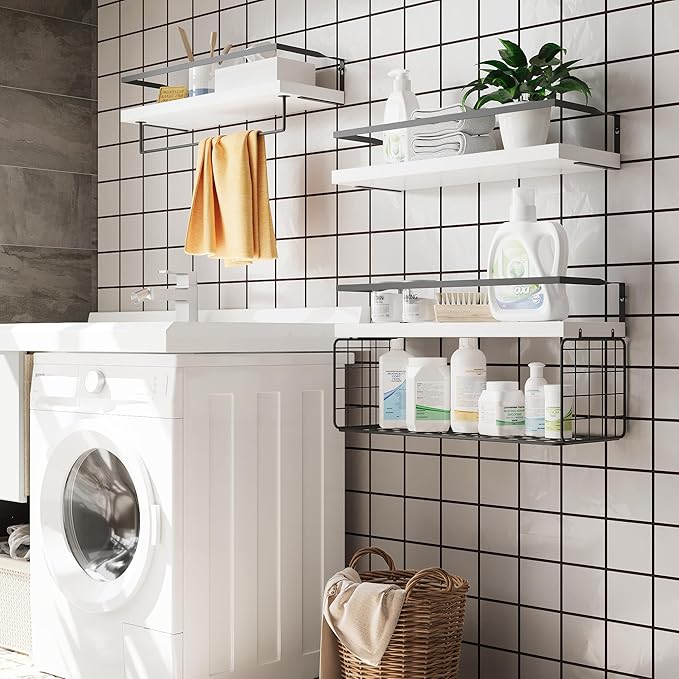 White Wood Floating Shelves Wall Mounted - 3+1 Tier Rustic Bathroom Wall Shelves Over Toilet with Wire Storage Basket & Towel
