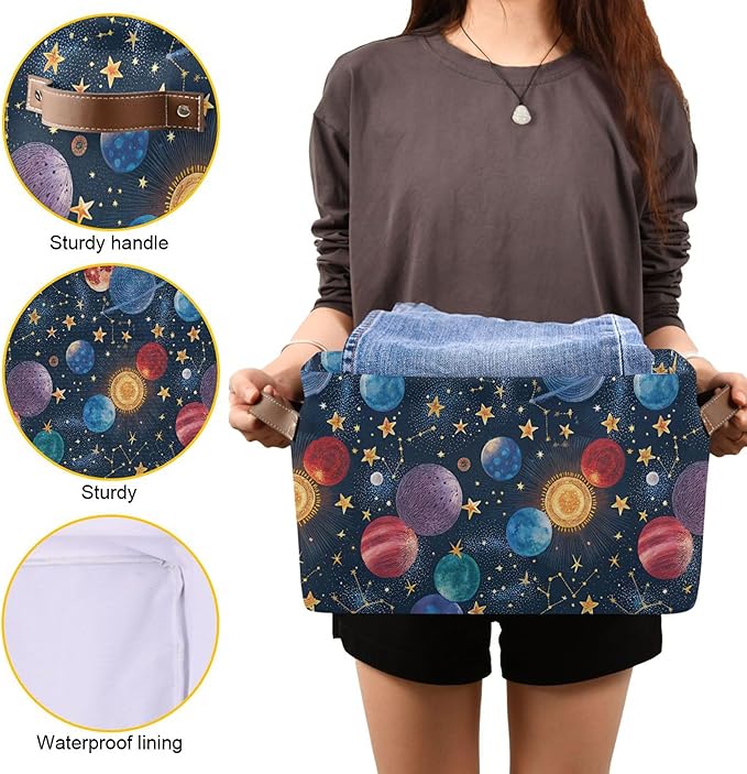 xigua Cartoon Planets Storage Basket Collapsible Storage Bins Waterproof Canvas Storage Basket with Leather Handles for Home 