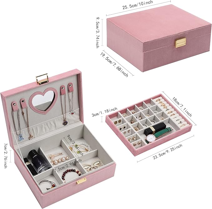 Dajasan Jewelry Boxes for Women Girls, Jewelry Organizer Box, 2-Layer Large Velvet Jewelry Organizer for Rings Necklaces Brac