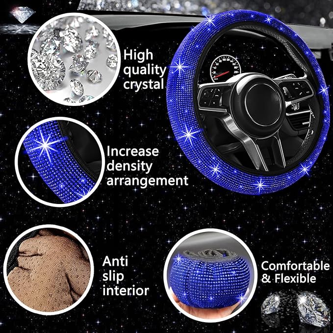 NBTEPEM 27 PCs Blue Bling Car Accessories Set for Women, Steering Wheel Covers Universal Fit 15 Inch, Bling License Plate Frame, Bling Phone Holder, Bling Car Coasters (Blue Diamond)