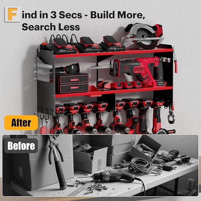 Spampur Power Tool Organizer Wall Mount with Charging Station, 15 Min Assembly & Maximum 420lbs Load by Heavy Duty Metal, 8 S