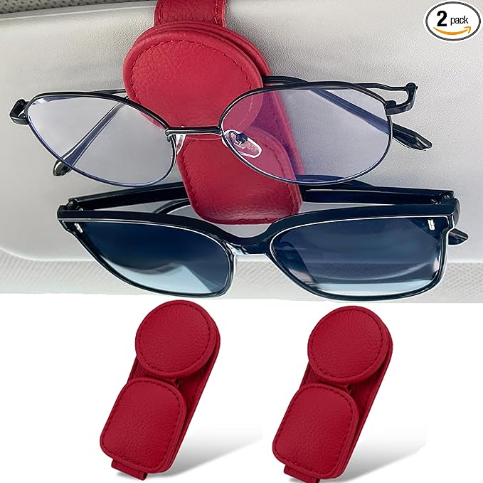KIWEN 2 Pack Sunglasses Holder for Car Visor, Magnetic Leather Sunglass Eyeglass Hanger Clip for Car Sun Visor Accessories (2, Red)