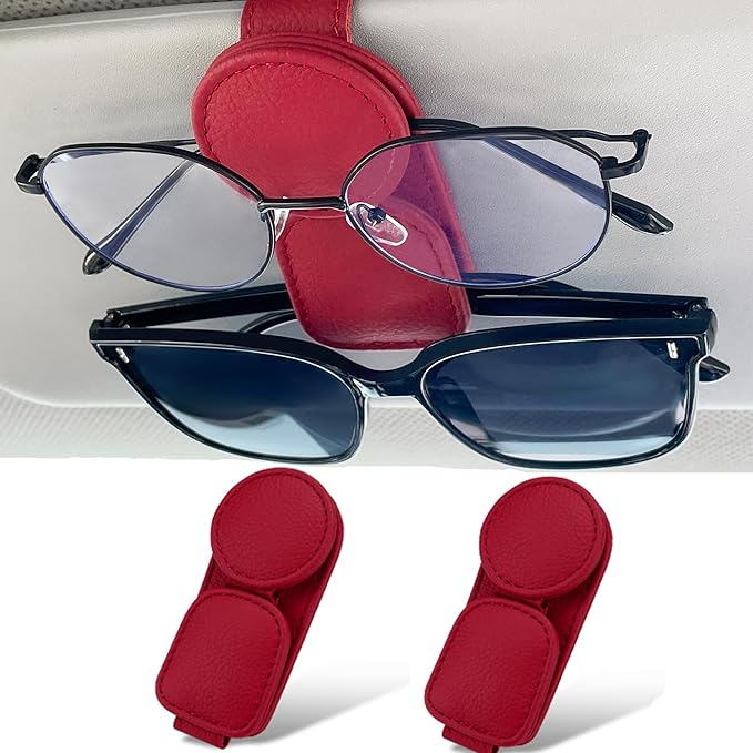 KIWEN 2 Pack Sunglasses Holder for Car Visor, Magnetic Leather Sunglass Eyeglass Hanger Clip for Car Sun Visor Accessories (2, Black)