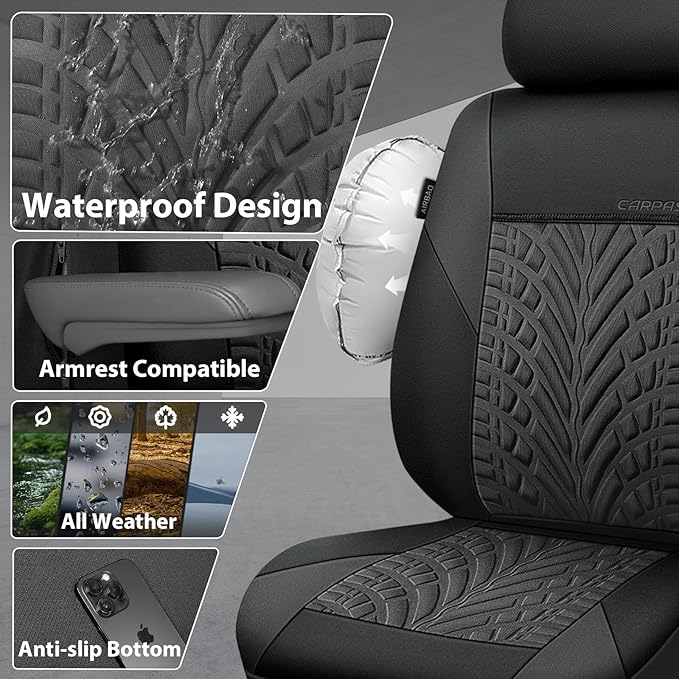 CAR PASS Neoprene Waterproof Seat Covers Full Sets, Wetsuit Car Seat Covers 5 Seats Universal Fit Vans, Truck, SUV, 3D Tyre E