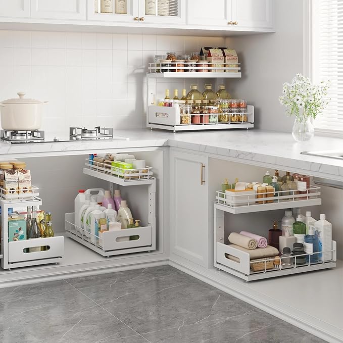 Under Sink Organizer Upgrade To Professional Rails,2-Tier Dual Pull Out Cabinet Storage,Height Adjustable Slide Out Drawers F