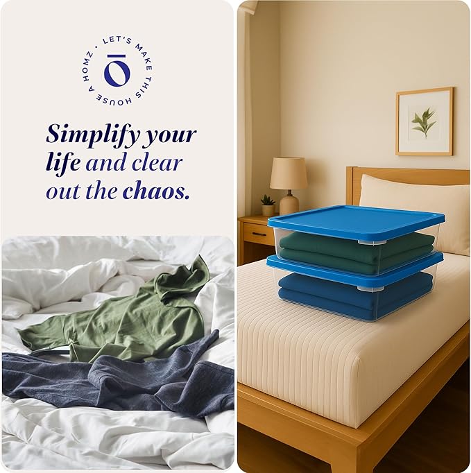 HOMZ 2-Pack Snaplock, Small Clear Plastic Storage Organizer Bins with Lids, 28 Quart, Blue - Stackable Container Boxes for Be