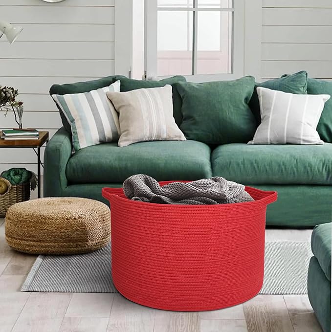 MEGASKET Extra Large Red Basket for Organizing, 22" X 22" X 14" Woven Cotton Rope Bins for Blankets, Baby Nursery Wicker Laun