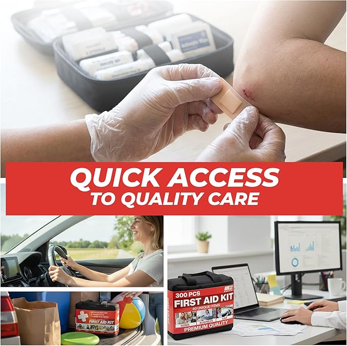 M2 BASICS Premium 300 Piece Professional First Aid Kit, 40 Unique Items, Durable Carry Bag for Home, Car, Business, Travel & 
