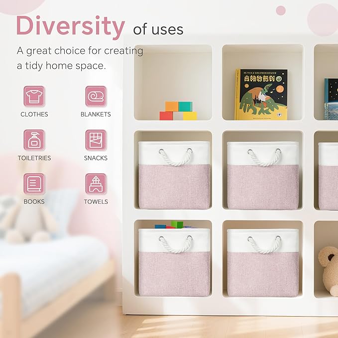 FinishingBo Cube Storage Bins, 6 Pack 11x11 inch with Cotton Handles for Closet, Shelves, Clothes, Towel (White/Pink)