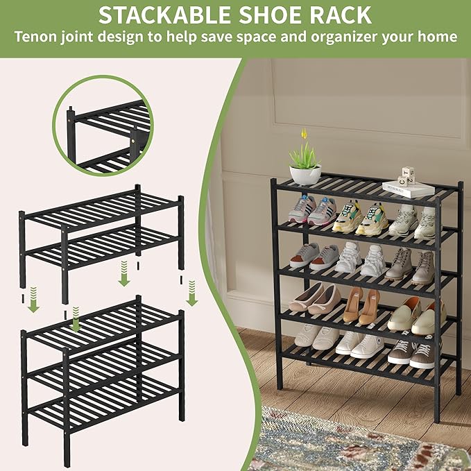 ROMGUAR CRAFT 3 Tier Bamboo Shoe Rack for Closet Free Standing Wood Shoe Shelf Storage Organizer for Entryway Small Space Sta