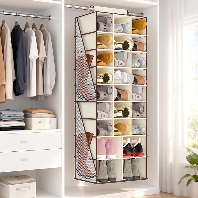 VERONLY Hanging Shoe Organizer for Closet-Collapsible Storage Rack with 25 Sections & 4 Side Pockets, Hanging Shoe Shelves fo