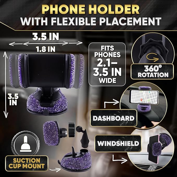 Purple Car Accessories Set, 27 Pieces – Bling Car Accessories for Women, Steering Wheel Cover, Rearview Mirror, Air Vent, Dashboard and Console Rhinestone Decor - Universal Fit Interior Styling Kit