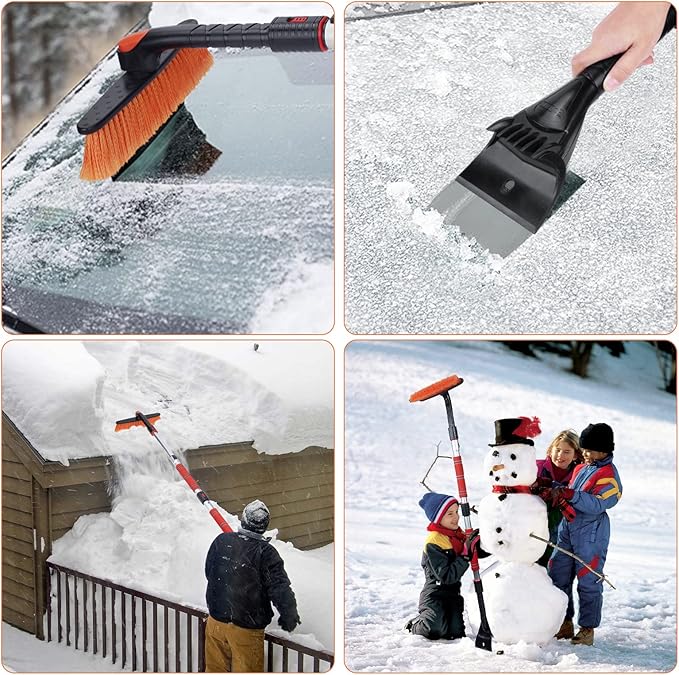 62.4" Snow Brush - Ice Scrapers for Car Windshield, 360°Pivoting Brush Head, Comfortable Foam Grip, Extendable Snow Removal Car Brush for Trucks SUVs, Essential Winter Tool