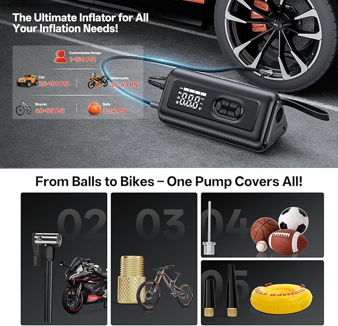 Tire Inflator Portable Air Compressor with Electric Air Duster and Car Jump Starter: 150PSI Cordless Bike Pump - 130000RPM -