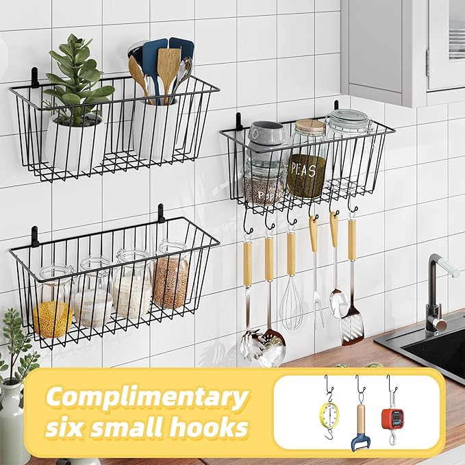 Simple Trending 6 Pack Wire Basket Wall Mount Baskets Hanging Baskets, Cabinets Organizer and Storage with Hooks for Kitchen,