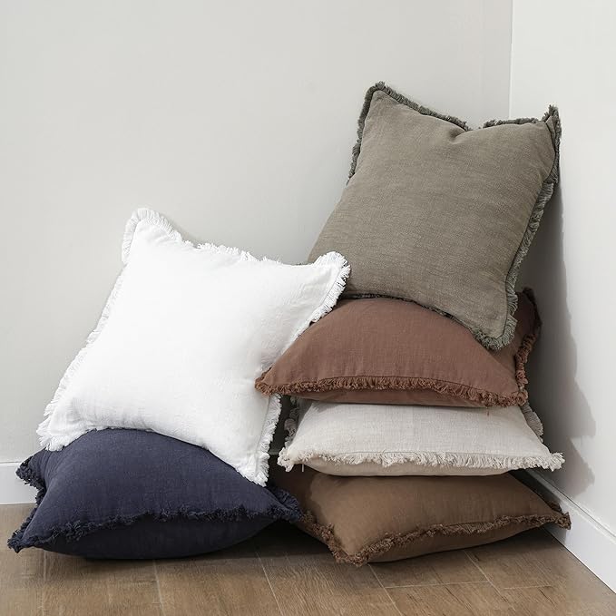 Foindtower Set of 2 Decorative Linen Fringe Throw Pillow Covers Boho Farmhouse Cushion Cover with Tassels Accent Pillowcase f
